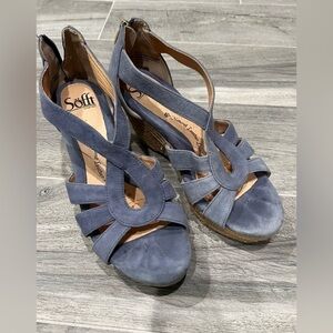Sofft Blue Suede Sandals with Tan Raffia Wedge